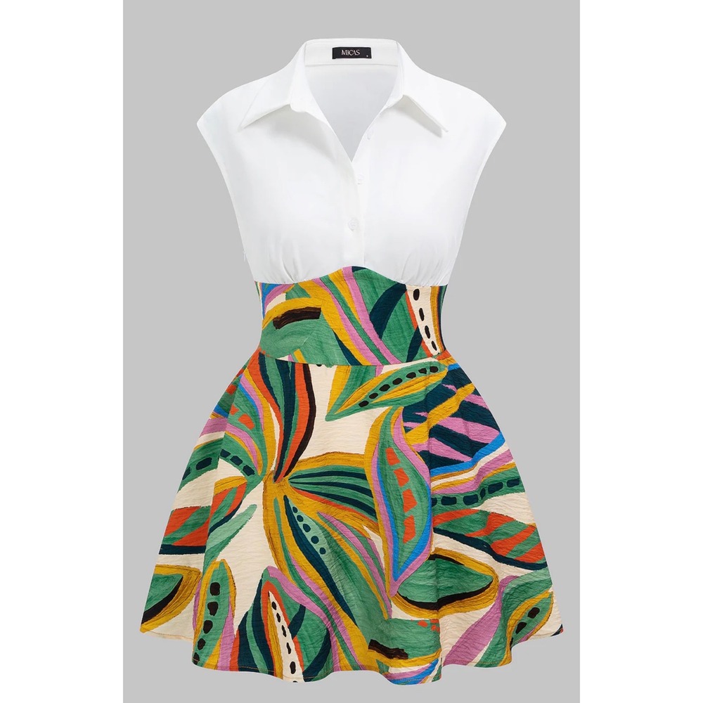 Micas Branches Print V-Neck Sleeveless Mini Dress White Multi Size M NWT